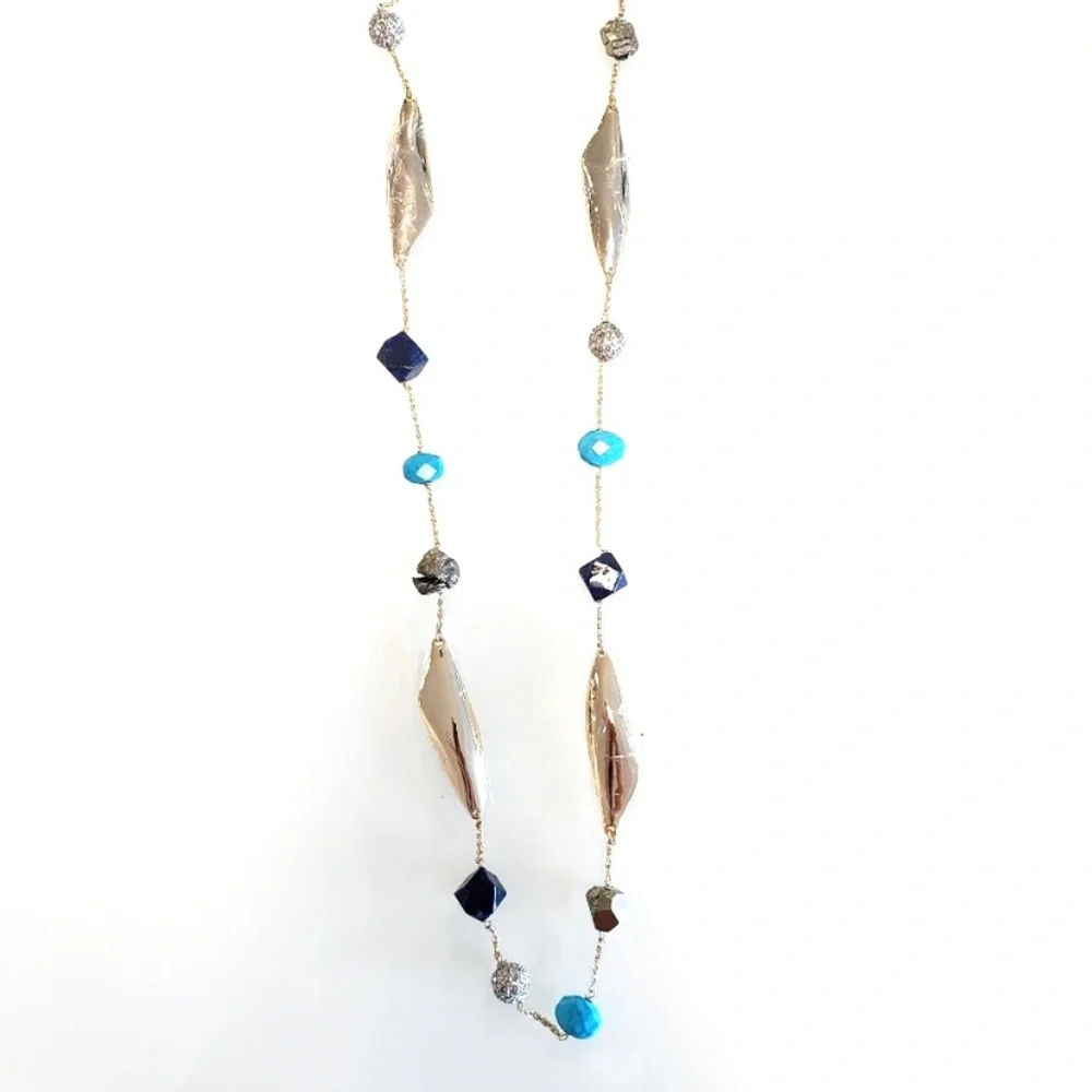ALEXIS BITTAR NEW Gold Long Lapis Turquoise Pyrite Bead Chain  Gemstone Necklace